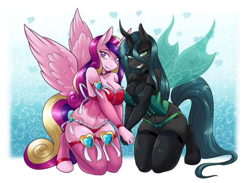 &lt;3 2018 5_fingers ambris anthro anthrofied armwear blue_background blush bra breasts changeling choker cleavage clothed clothing color_edit colored corset duo edit equine eyebrows eyelashes eyeshadow fangs feathered_wings feathers female female/female friendship_is_magic gradient_background green_eyes grin hair hand_holding hi_res hooves horn insect_wings kneeling legwear lingerie long_hair looking_at_viewer makeup mammal mascara multicolored_hair my_little_pony navel panties pantyhose pink_feathers pose princess_cadance_(mlp) purple_eyes queen_chrysalis_(mlp) simple_background slit_pupils smile stockings teal_hair teeth thigh_highs underwear winged_unicorn wings