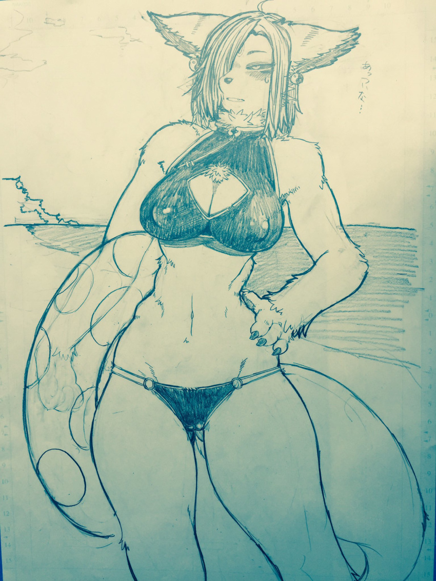 beach black_sclera breasts canine claws cleavage clothed clothing dog female floaty fluffy hair hi_res long_hair mammal monochrome navel nipple_bulge panties seaside sketch solo standing swimsuit toco_(artist) underwear