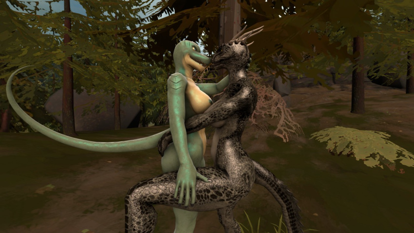 16:9 2018 3d_(artwork) anthro argonian breasts digital_media_(artwork) dima455566455566 duo eye_contact female female/female forest hand_behind_head hand_on_butt hand_on_thigh imminent_kiss lizard nipples outside reptile scalie side_view spots standing the_elder_scrolls tree two_tone_body video_games