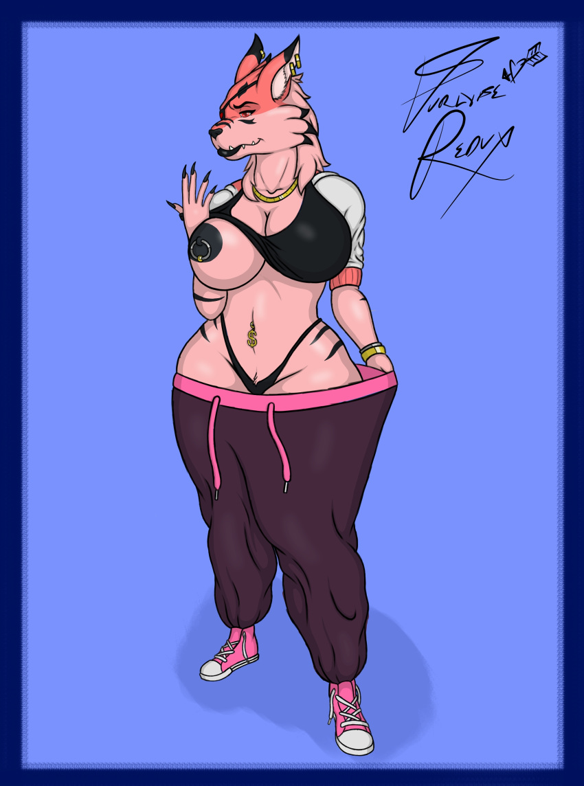 anthro areola big_breasts bracelet breasts canine clothed clothing clothing_lift digimon ear_piercing fangs female furlyfe_redux hi_res jewelry looking_at_viewer mammal navel navel_piercing necklace nipple_piercing nipples piercing shirt shirt_lift thong weregarurumon