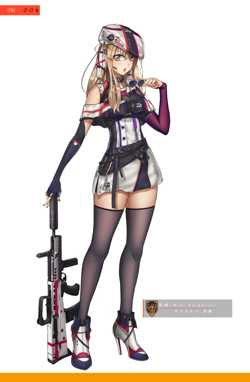 assault_rifle bangs bare_shoulders belt beret blonde_hair blue_eyes blue_gloves candy colored_lenses dress elbow_gloves eyewear_removed fantasy fingerless_gloves fingernails food full_body gloves grey_legwear gun hair_between_eyes hair_ornament hairclip hand_up hat hat_pin high_heels highres holding holding_eyewear holding_gun holding_weapon lollipop long_hair looking_at_viewer microphone mismatched_gloves mouth_hold murasaki_saki nail_polish original parted_lips pink_nails rifle short_dress simple_background solo standing sunglasses tachi-e thighhighs weapon white_background white_footwear zettai_ryouiki