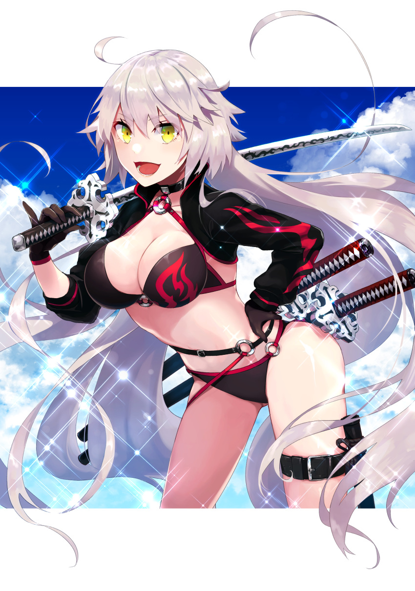 :d absurdres bikini black_bikini black_gloves black_jacket black_neckwear choker commentary_request contrapposto cowboy_shot cropped_jacket fate/grand_order fate_(series) gloves green_eyes hand_on_hip highres jacket jeanne_d'arc_(alter_swimsuit_berserker) jeanne_d'arc_(fate)_(all) katana long_hair o-ring open_mouth over_shoulder scabbard sheath shrug_(clothing) smile solo sparkle standing swimsuit sword sword_over_shoulder tia_(cocorosso) weapon weapon_over_shoulder white_hair