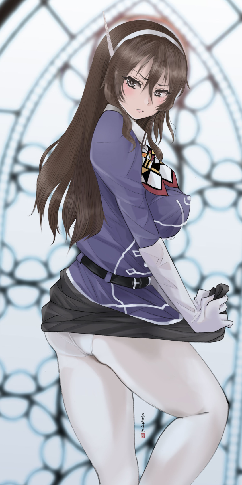 absurdres ashigara_(kantai_collection) ass bad_anatomy belt black_belt black_skirt blurry blurry_background blush breasts brown_eyes brown_hair closed_mouth commentary_request elbow_gloves eyebrows_visible_through_hair from_behind frown furrowed_eyebrows gloves hair_between_eyes heart heart-shaped_pupils highres jacket kantai_collection knee_up kurorichin large_breasts long_hair looking_at_viewer miniskirt panties panties_under_pantyhose pantyhose purple_jacket skirt skirt_tug solo standing symbol-shaped_pupils thick_thighs thighs twisted_torso underwear white_gloves white_legwear white_panties