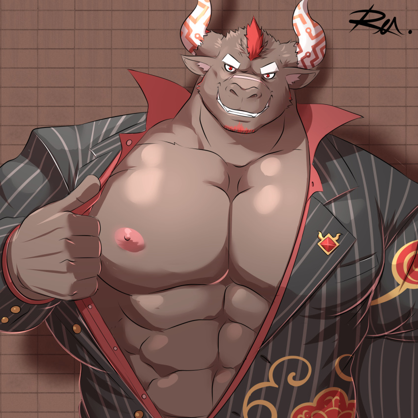 anthro bovine clothing gyumao hair hi_res male mammal muscular muscular_male nipples pecs reclamon red_hair solo suit tokyo_afterschool_summoners undressing