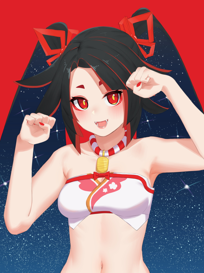:d abstract armpits bare_arms bare_shoulders beltbra black_hair blush breasts bright_pupils clenched_hands copyright_request eyeshadow fangs fingernails hands_up highres jewelry long_hair looking_at_viewer makeup medium_breasts multicolored_hair nail_polish navel necklace nezuko open_mouth red_background red_eyes red_nails silhouette simple_background smile solo star starry_background starry_sky_print streaked_hair twintails upper_body very_long_hair yellow_pupils
