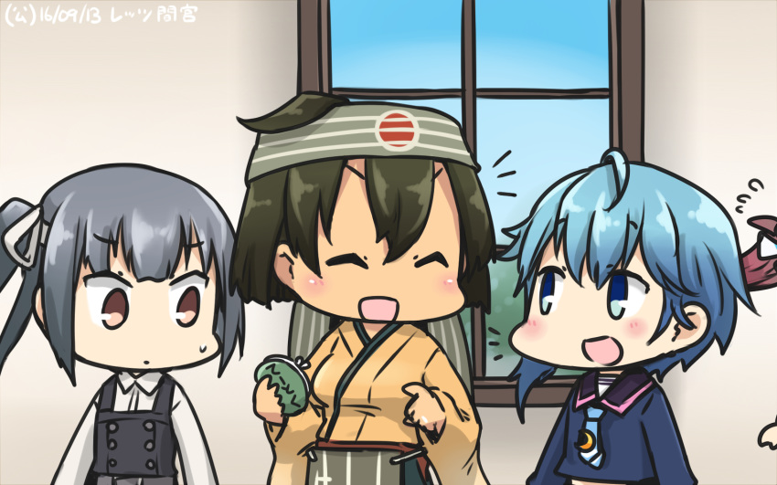 asagumo_(kantai_collection) asymmetrical_hair blouse blue_blouse blue_eyes blue_hair blush coin_purse commentary_request crescent crescent_moon_pin dated dress flying_sweatdrops hachimaki hair_between_eyes hamu_koutarou headband highres hiryuu_(kantai_collection) jewelry kantai_collection kasumi_(kantai_collection) minazuki_(kantai_collection) multiple_girls open_mouth pinafore_dress remodel_(kantai_collection) ring school_uniform serafuku short_hair side_ponytail suspenders sweat translated wedding_band white_blouse window