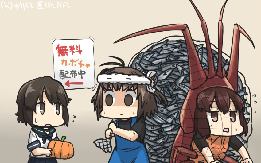 ahoge brown_hair commentary_request dated double_bun empty_eyes fish fishnets flying_sweatdrops hamu_koutarou highres ise_(kantai_collection) kantai_collection lobster_costume miyuki_(kantai_collection) multiple_girls naka_(kantai_collection) pumpkin school_uniform serafuku shaded_face sweat translated undershirt