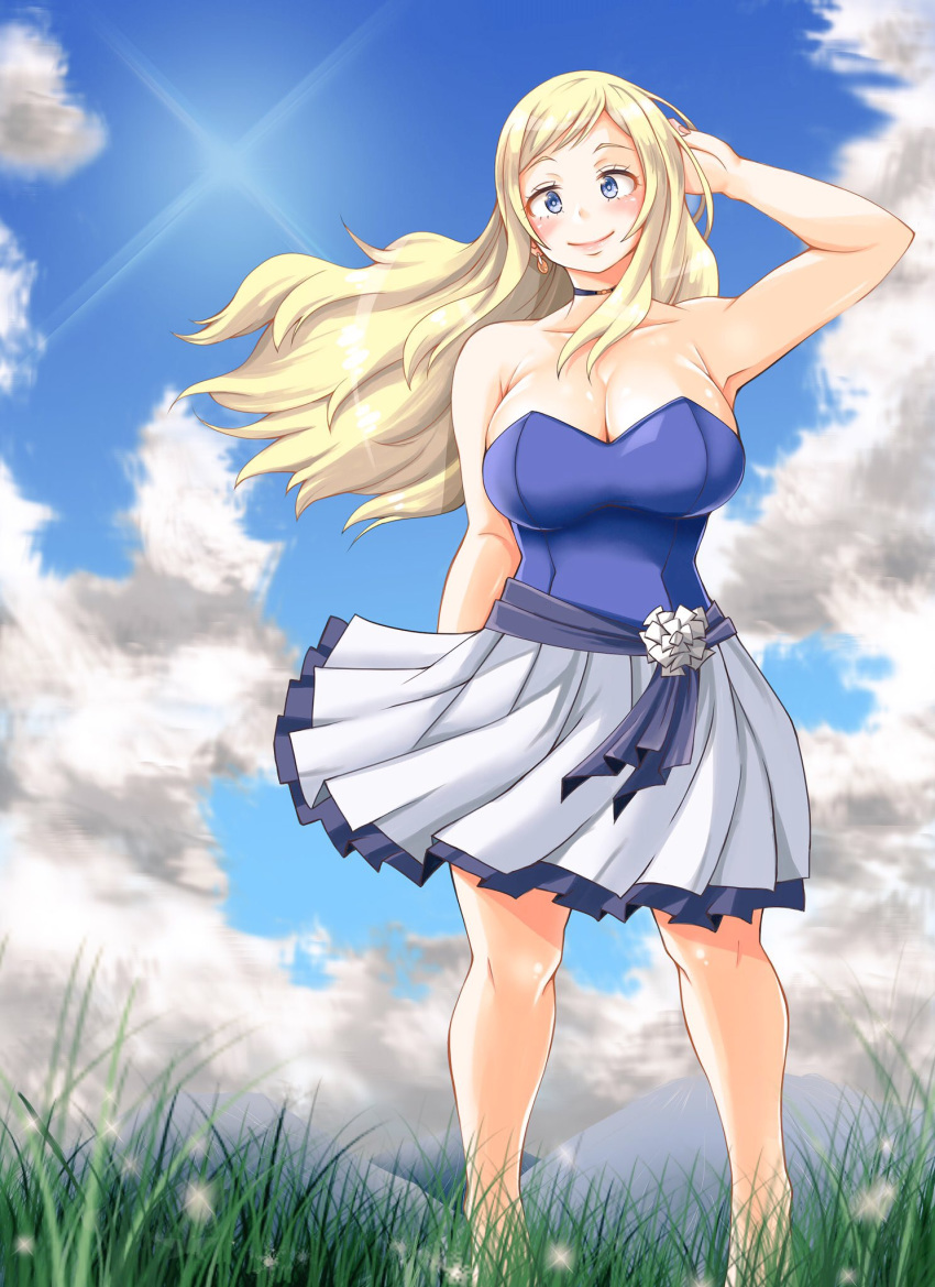 adahcm bangs blonde_hair blue_dress blue_eyes boku_no_hero_academia breasts choker cleavage cloud cloudy_sky collarbone collared_shirt commentary cowboy_shot day dress earrings highres jewelry large_breasts lips long_hair looking_at_viewer melissa_shield shirt skirt sky solo strapless strapless_dress swept_bangs thick_thighs thighs