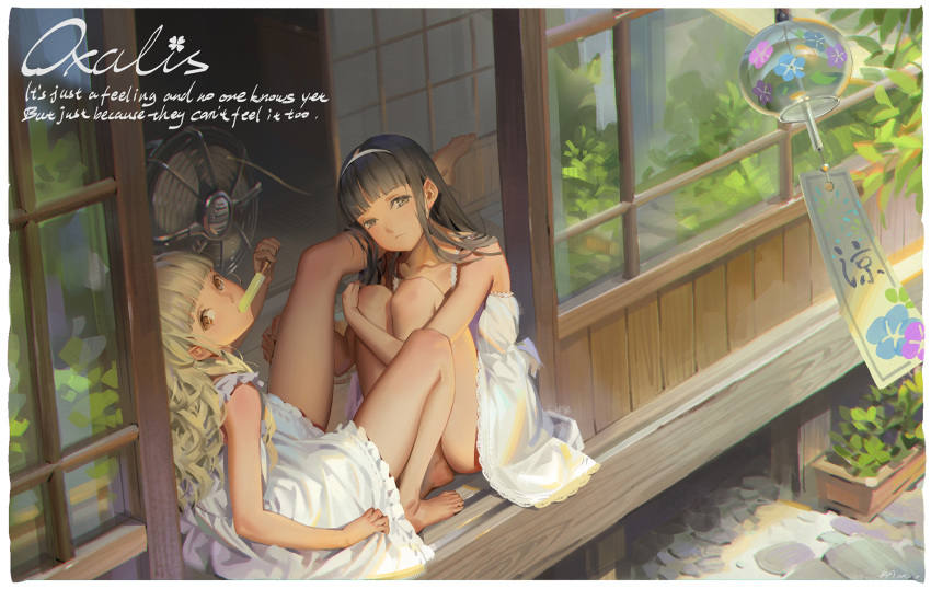 alphonse_(white_datura) bangs barefoot black_eyes black_hair blonde_hair blunt_bangs brown_eyes commentary_request day doorway dress eating electric_fan english food frown hairband hand_on_another's_leg highres holding holding_food knees_up leg_up long_hair looking_at_viewer looking_back multiple_girls original planter popsicle sliding_doors wavy_hair white_dress white_hairband wind_chime yuri