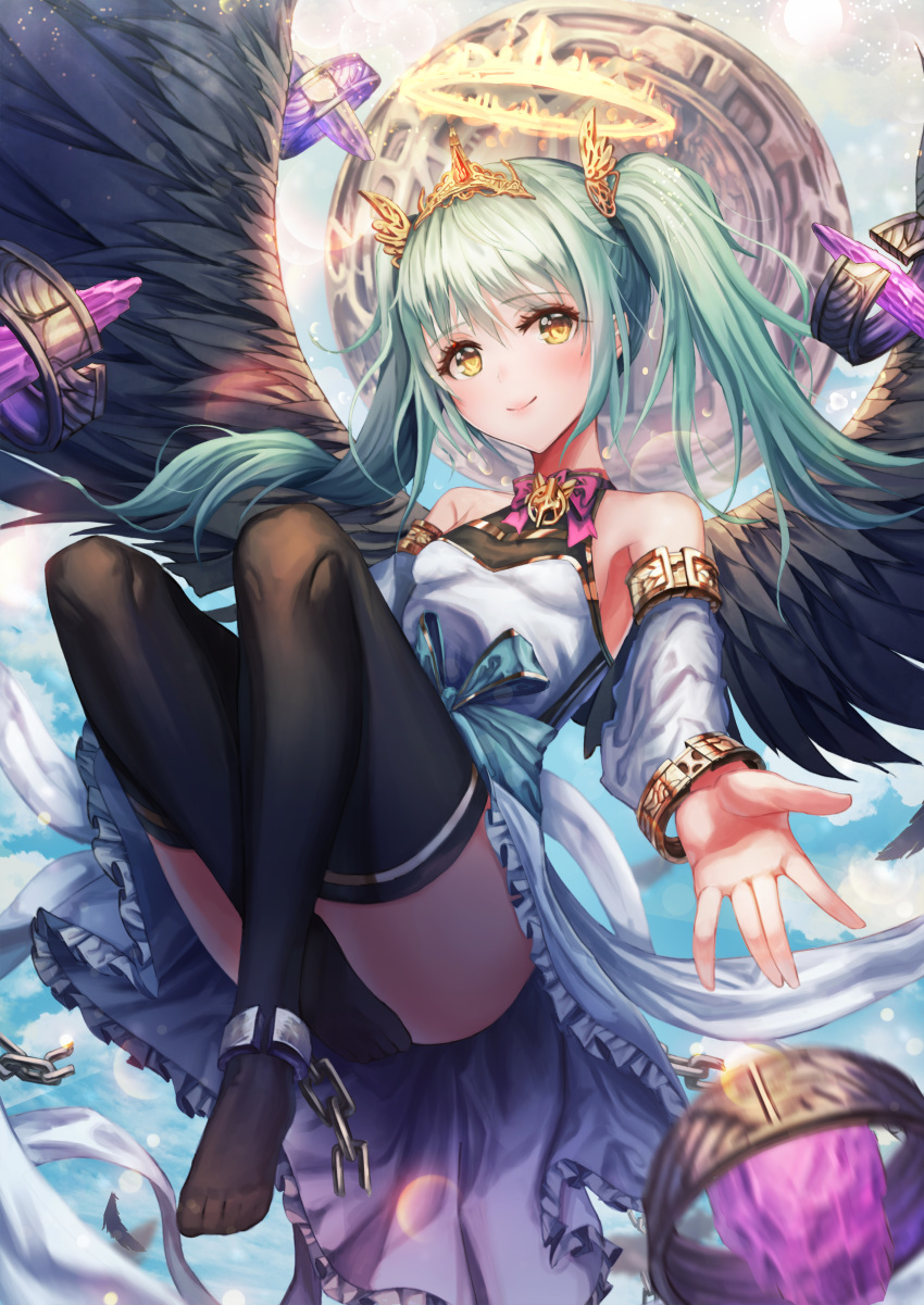 absurdres angel angel_wings black_legwear black_wings blue_sky blush bracelet breasts broken broken_chain chain convenient_leg day detached_sleeves dress green_hair hair_ornament halo highres jewelry looking_at_viewer original outdoors sky small_breasts tiara tmtl_aos twintails white_dress wings yellow_eyes