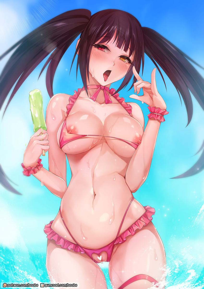 :o \m/ bikini black_hair blush breasts censored collarbone commentary cowboy_shot crotch_cutout date_a_live day fellatio_gesture food frilled_bikini frills heart heart_censor hetero highres holding holding_food large_breasts long_hair looking_at_viewer mosaic_censoring navel nipple_slip nipples outdoors pink_bikini popsicle pussy rebe11 red_eyes solo swimsuit tokisaki_kurumi tongue tongue_out twintails wading water wet yellow_eyes
