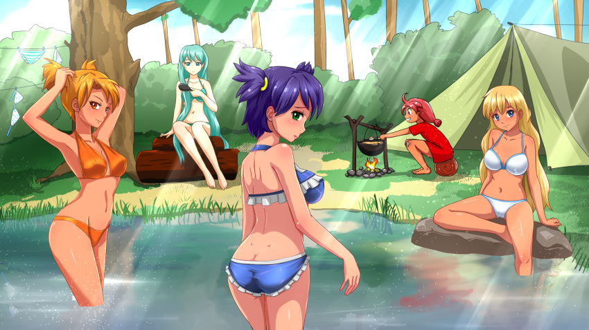 aqua_hair arms_up ass back bandaid bandaid_on_knee bare_shoulders bikini blonde_hair blue_bikini blue_eyes bra bra_removed breasts bush campfire clothesline commentary day dvach-tan english_commentary everlasting_summer fire forest frilled_bikini frills green_bikini green_eyes hatsune_miku highres huyase log long_hair looking_at_viewer looking_back medium_breasts multiple_girls nature navel orange_bikini orange_eyes orange_hair outdoors panties panties_removed pond purple_hair red_hair rock short_hair short_twintails shoulder_blades sitting slavya-chan smile sunlight swimsuit tan tent tree twintails tying_hair underwear unyl-chan ussr-tan very_long_hair vocaloid wading water white_bikini