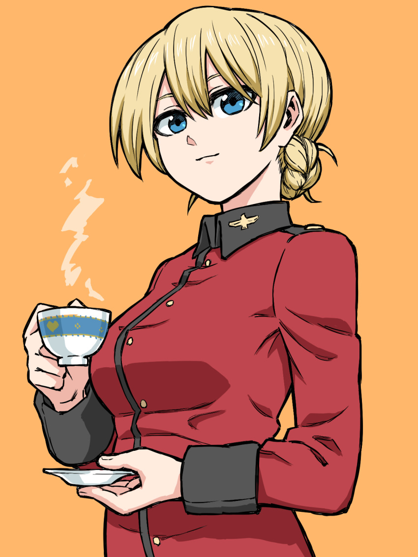 bad_id bad_pixiv_id blonde_hair blue_eyes braided_bun cup darjeeling girls_und_panzer highres jacket light_smile looking_at_viewer orange_background red_jacket saucer short_hair simple_background solo st._gloriana's_military_uniform teacup tuskryo upper_body