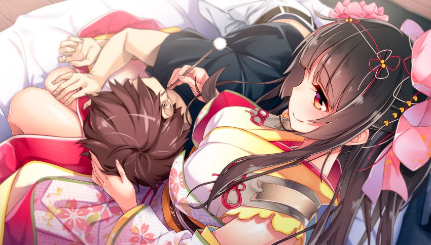 1girl belt black_shirt blush breasts brown_eyes brown_hair character_request dutch_angle ear_cleaning floral_print flower from_above game_cg hair_flower hair_ornament hair_ribbon hand_on_another's_leg highres indoors japanese_clothes kimono large_breasts long_hair lying mimikaki official_art on_bed on_side protagonist_(x-overd) red_ribbon ribbon shirt sidelocks smile very_long_hair x-overd