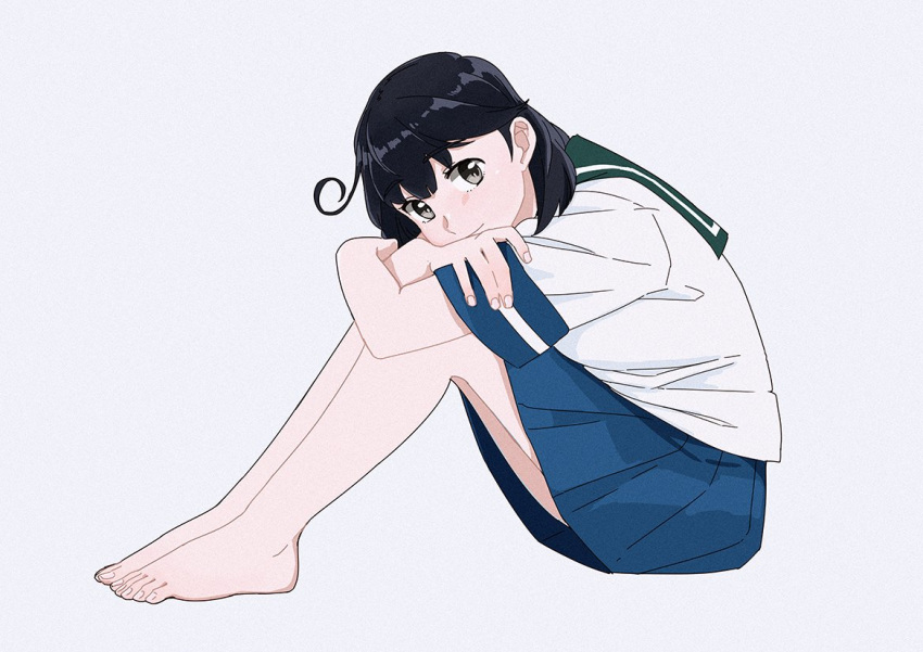 ahoge bangs bare_legs barefoot black_hair blue_skirt closed_mouth film_grain from_side full_body green_sailor_collar grey_background grey_eyes kantai_collection long_hair looking_at_viewer looking_to_the_side miniskirt ojipon pleated_skirt sailor_collar school_uniform serafuku shirt short_sleeves simple_background single_horizontal_stripe sitting skirt sleeve_cuffs smile solo toes ushio_(kantai_collection) white_shirt