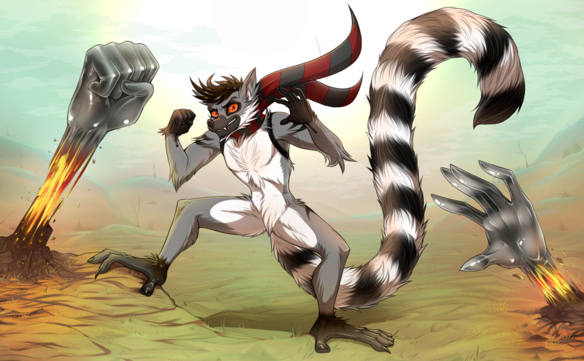 2018 anthro black_fur colored detailed_background digital_media_(artwork) freekilli fur hair hi_res lemur long_tail looking_at_viewer male mammal messy_hair multicolored_fur nude prehensile_feet primate rezsgar ringed_tail ringtail scarf smile solo standing striped_tail stripes toes white_fur