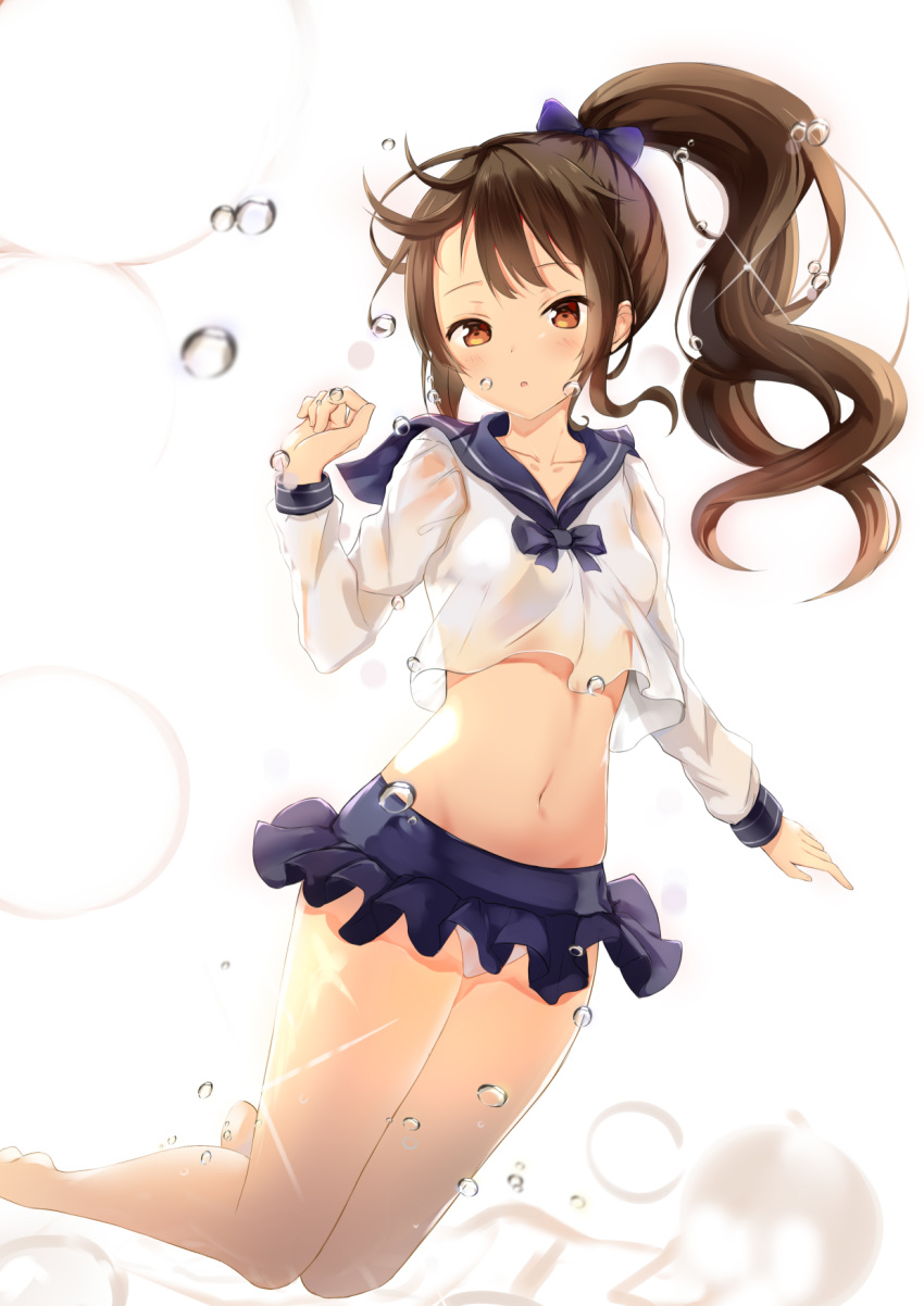 :o bangs bikini_bottom blue_bow blue_sailor_collar blue_skirt blush bow breasts brown_eyes brown_hair bubble commentary_request eyebrows_visible_through_hair filings_(ailuo_c) hair_bow hand_up high_ponytail highres long_hair long_sleeves looking_at_viewer midriff narrow_waist navel original parted_lips pleated_skirt sailor_collar school_uniform see-through serafuku shirt side_ponytail simple_background skirt small_breasts solo wet wet_clothes wet_shirt white_background white_bikini_bottom white_shirt