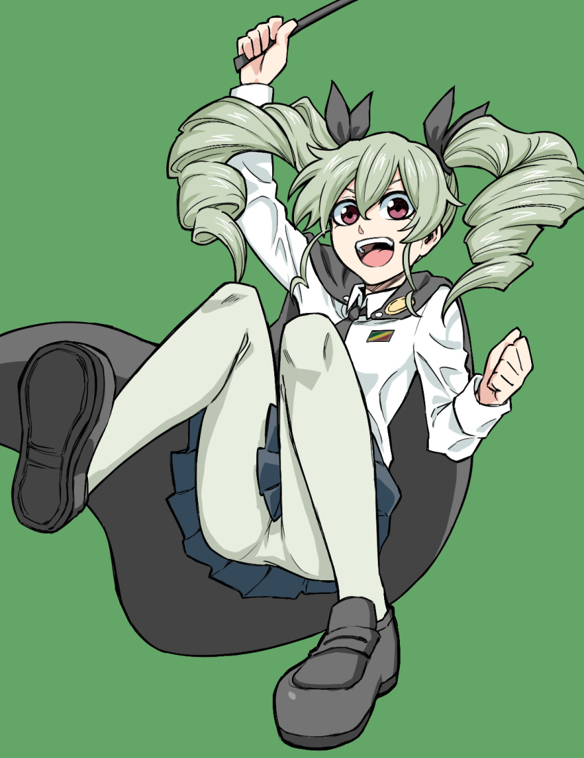 anchovy anzio_school_uniform bad_id bad_pixiv_id black_cape black_legwear black_neckwear blue_skirt bow cape clenched_hand drill_hair girls_und_panzer green_background green_hair hair_bow highres loafers looking_at_viewer looking_down necktie open_mouth pantyhose pantylines pleated_skirt red_eyes riding_crop shirt shoes simple_background skirt smile solo tuskryo twin_drills twintails upper_teeth upskirt white_shirt