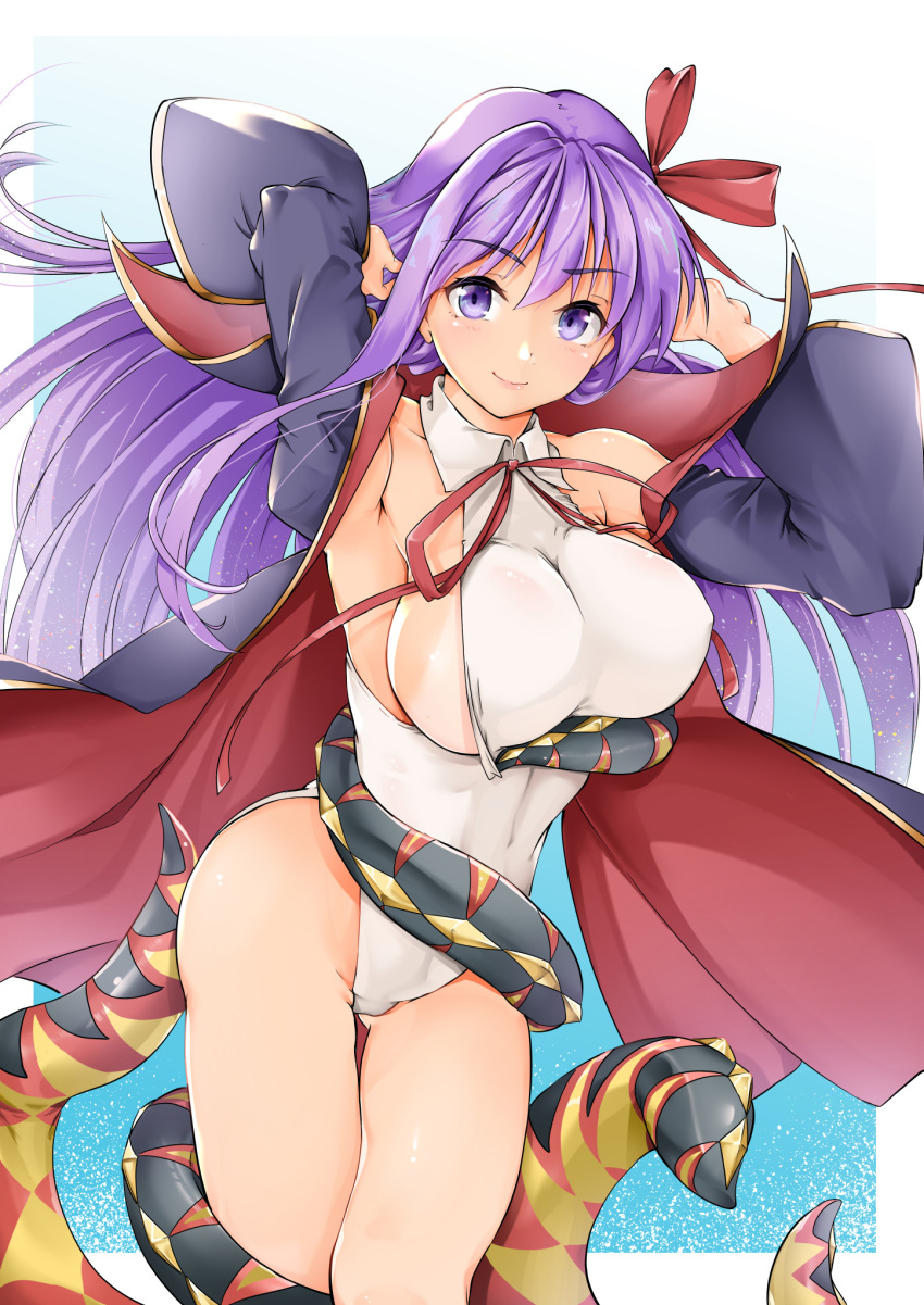 arm_up armpits ass_visible_through_thighs bangs bb_(fate)_(all) bb_(swimsuit_mooncancer)_(fate) black_coat blue_background blush bow breasts casual_one-piece_swimsuit closed_mouth coat cowboy_shot eyebrows_visible_through_hair fate/grand_order fate_(series) floating_hair gradient gradient_background hair_bow halterneck hand_up highres large_breasts light_particles light_smile long_coat long_hair long_sleeves looking_at_viewer multicolored multicolored_clothes multicolored_coat off_shoulder one-piece_swimsuit open_clothes open_coat outside_border popped_collar purple_eyes purple_hair red_bow red_coat red_ribbon ribbon sezoku sideboob smile solo standing straight_hair swimsuit swimsuit_aside tan tanline tentacles thigh_gap thighs vampire_costume white_swimsuit wide_sleeves
