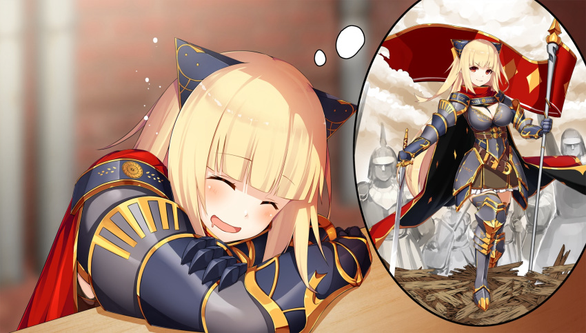 :d animal_ears armor army bangs blonde_hair blunt_bangs blurry blurry_background blush breasts cape cat_ears cleavage closed_eyes dreaming flag game_cg gauntlets hariko_(x-overd) highres holding holding_flag holding_sword holding_weapon indoors long_hair medium_breasts multiple_views official_art open_mouth red_cape red_eyes sitting smile standing sword thought_bubble weapon x-overd