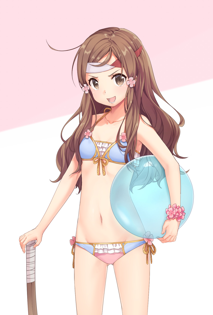:d ass_visible_through_thighs ball bangs bare_arms bare_shoulders beachball bikini blue_bikini breasts brown_eyes brown_hair carrying_under_arm collarbone fire_emblem fire_emblem_if flower flower_bracelet frilled_bikini frills groin hair_flower hair_ornament hand_on_hilt headband highres kazahana_(fire_emblem_if) long_hair navel open_mouth pink_flower side-tie_bikini small_breasts smile solo swimsuit sword transistor transparent v-shaped_eyebrows weapon white_background wooden_sword