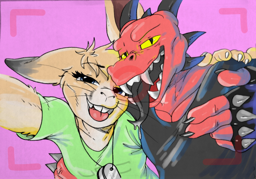 black_tongue blue_eyes claws clothing cruelpastry cygnis_flayinthere daisy_(doom) doom dragon fangs female fur green_shirt hi_res lagomorph male mammal rabbit red_skin red_tongue shirt tan_fur teeth tongue tongue_out video_games whiskers yellow_sclera