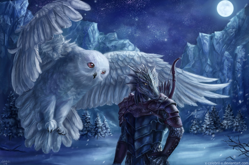 2018 arrow avian beak bird bow clothed clothing detailed_background digital_media_(artwork) duo feathers lizard moon night outside owl reptile scalie sky standing star starry_sky white_feathers x-celebril-x