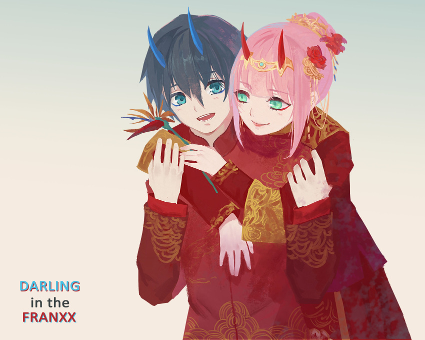 1girl alternate_costume alternate_hairstyle arm_around_neck bangs black_hair blue_eyes blue_horns blush chinese chinese_clothes chinese_commentary chu_dengdeng commentary_request copyright_name couple darling_in_the_franxx eyebrows_visible_through_hair flower gold_trim green_eyes hair_flower hair_ornament hair_up hand_on_another's_arm hand_on_another's_chest hetero highres hiro_(darling_in_the_franxx) holding holding_arm horns hug hug_from_behind jewelry long_sleeves looking_at_another oni_horns pink_hair purple red_flower red_horns short_hair tanabata tiara zero_two_(darling_in_the_franxx)