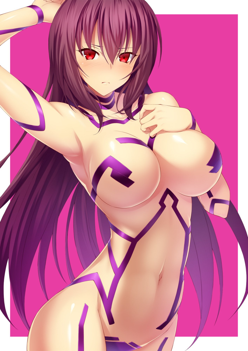 arm_up armpits blush breasts cleavage collarbone commentary_request emanon123 fate/grand_order fate_(series) frown hand_on_own_chest highres large_breasts long_hair looking_at_viewer navel purple_background purple_hair red_eyes scathach_(fate)_(all) scathach_(fate/grand_order) solo tattoo