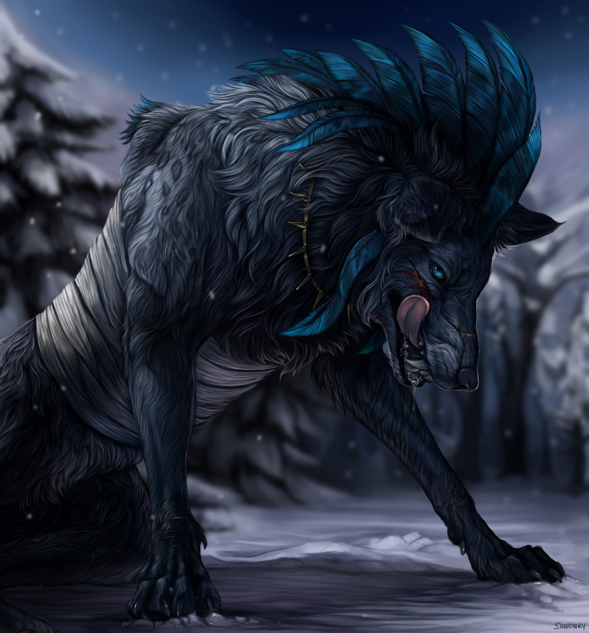 2016 ambiguous_gender black_fur black_lips blood blue_eyes blue_feathers canine detailed_background digital_media_(artwork) dog feathers feral fur looking_at_viewer mammal night open_mouth outside paws saliva shwonky sky snow solo star starry_sky teeth tongue