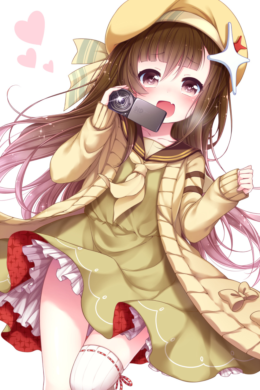 :d beret blush brown_eyes brown_hair camcorder cardigan chunithm collarbone dress eyebrows_visible_through_hair fang furrowed_eyebrows green_dress hair_between_eyes hat heart heart-shaped_pupils highres holding kanonji_nikoru long_hair looking_at_viewer neckerchief open_cardigan open_clothes open_mouth ribbon-trimmed_legwear ribbon_trim sailor_dress sanotsuki single_thighhigh sleeves_past_wrists smile solo sparkle sweater symbol-shaped_pupils thighhighs very_long_hair white_background white_legwear yellow_hat yellow_sweater