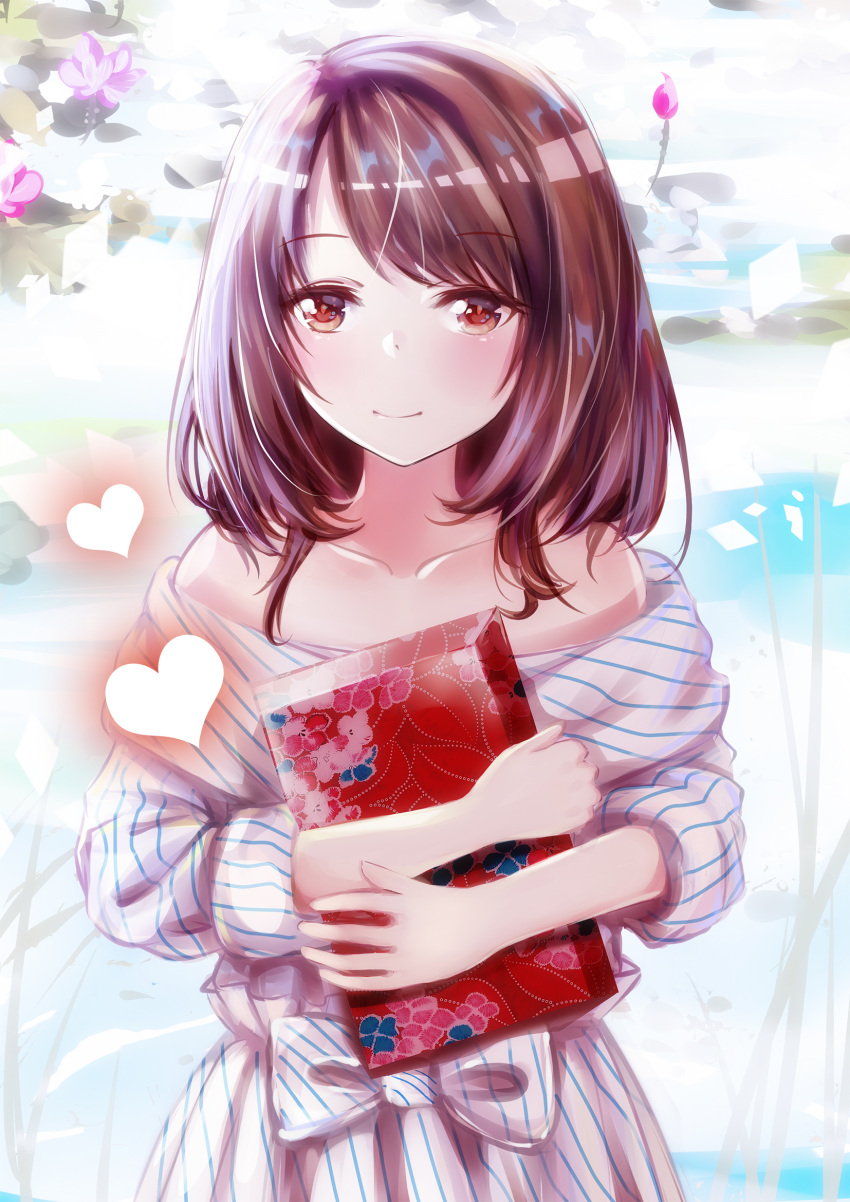 bangs bare_shoulders blush brown_hair closed_mouth collarbone commentary_request dress eyebrows_visible_through_hair flower heart highres long_hair long_sleeves looking_at_viewer mutang object_hug off-shoulder_dress off_shoulder original pink_flower red_eyes smile solo striped striped_dress white_dress