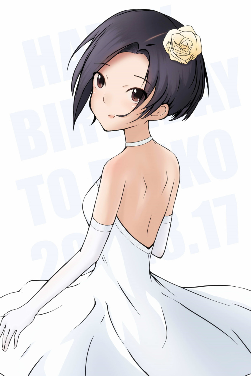 bare_back birthday black_hair brown_eyes commentary_request dress flower guxu happy_birthday highres kobayakawa_rinko looking_at_viewer looking_back love_plus rose short_hair simple_background solo wedding_dress white_background white_dress white_flower white_rose