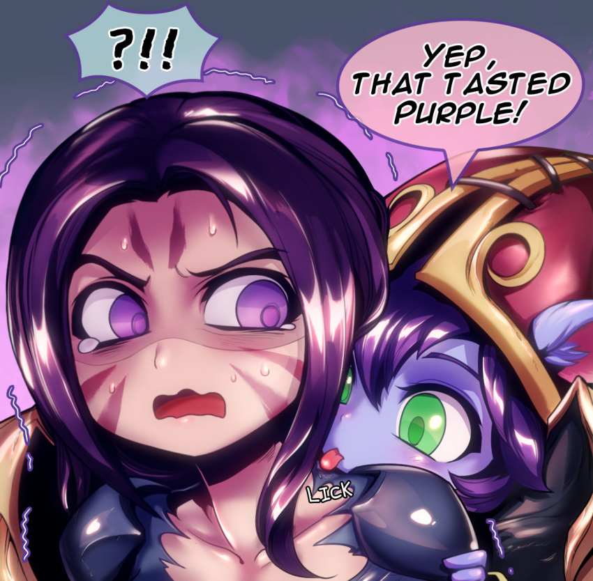 :p ?!! animal_ears blue_skin commentary english facial_mark green_eyes hand_on_another's_shoulder hat kai'sa league_of_legends licking lulu_(league_of_legends) multiple_girls open_mouth phantom_ix_row purple_eyes purple_hair scared speech_bubble sweatdrop taste_of_a_liar tears tongue tongue_out trembling wavy_mouth witch_hat yordle