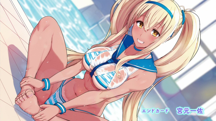 artist_name barefoot bikini blonde_hair blurry blush braid breasts brown_eyes choker depth_of_field dutch_angle end_card eyebrows_visible_through_hair feet_together grin hair_between_eyes hairband indoors large_breasts long_hair looking_at_viewer miyamoto_issa navel pool sailor_collar see-through sidelocks silhouette sitting smile solo striped striped_bikini sunohara_nana sunoharasou_no_kanrinin-san swimsuit tan tanline twintails very_long_hair wet wristband