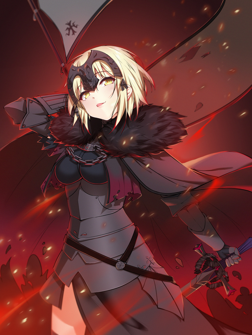 absurdres armor armored_dress banner black_cape black_dress blonde_hair cape chinese_commentary commentary_request cowboy_shot dress eyebrows_visible_through_hair fate/grand_order fate_(series) fur-trimmed_cape fur_collar fur_trim gauntlets head_tilt highres holding holding_sword holding_weapon huge_filesize jeanne_d'arc_(alter)_(fate) jeanne_d'arc_(fate)_(all) looking_at_viewer qingchen_(694757286) short_hair solo standing sword weapon yellow_eyes