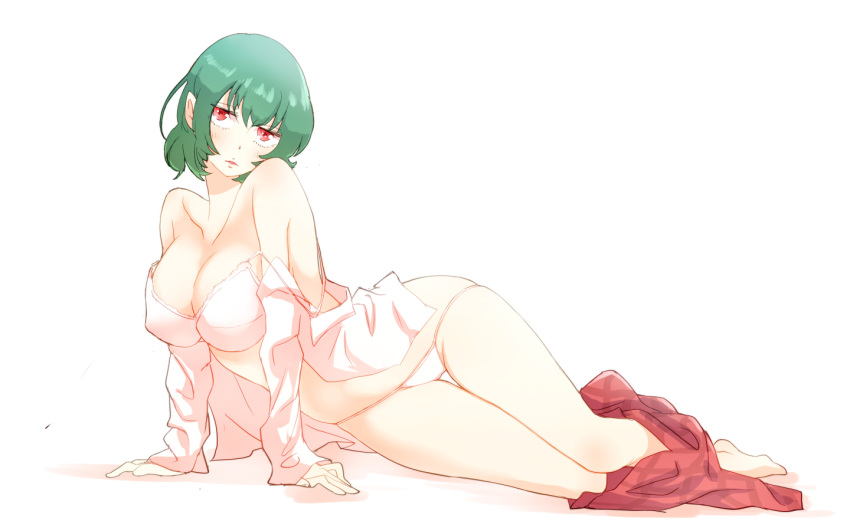 bare_shoulders barefoot bra breasts cleavage collarbone collared_shirt full_body green_hair kazami_yuuka large_breasts legs_together long_sleeves looking_at_viewer lying non_(z-art) on_side open_clothes open_shirt panties red_eyes shirt short_hair simple_background skirt skirt_removed solo strap_slip touhou underwear white_background white_bra white_panties white_shirt