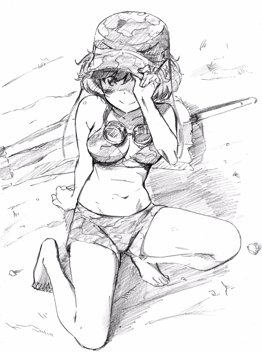 adjusting_headwear akiyama_yukari arm_support bangs barefoot bikini bikini_shorts breasts camouflage camouflage_bikini camouflage_hat closed_mouth commentary eyebrows_visible_through_hair full_body girls_und_panzer goggles goggles_around_neck graphite_(medium) greyscale hat highres leaning_back looking_at_viewer medium_breasts messy_hair military_hat monochrome navel one_knee pink_x shaded_face short_hair shorts sketch smile solo swimsuit traditional_media