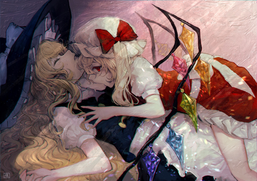 apron black_hat black_vest blonde_hair bow closed_eyes commentary_request crystal flandre_scarlet frilled_apron frilled_skirt frills hat hat_bow highres kirisame_marisa lying lying_on_person mob_cap mochacot multiple_girls on_back open_mouth profile puffy_short_sleeves puffy_sleeves red_bow red_eyes red_skirt red_vest short_sleeves skirt skirt_set touhou vampire vest wavy_hair white_apron white_bow white_hat wings witch_hat yuri