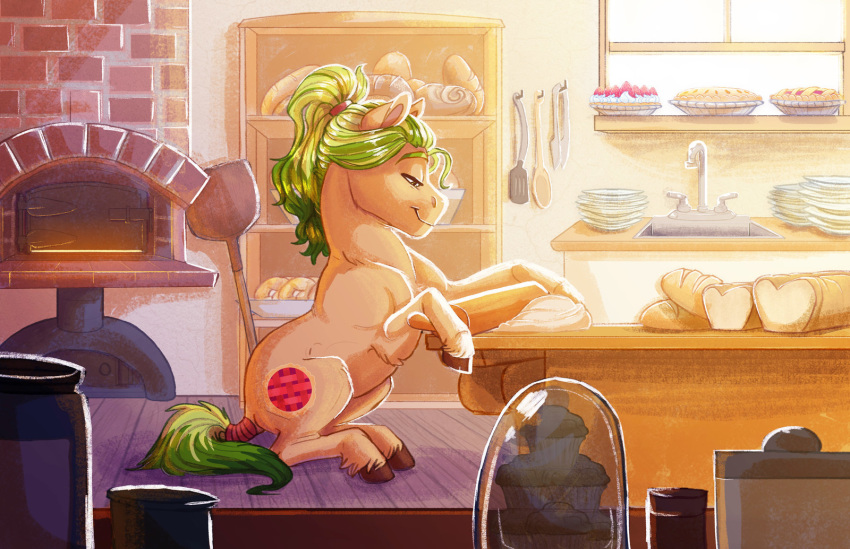 2018 detailed_background digital_media_(artwork) earthsong9405 equine female feral food green_hair hair mammal pie sitting smile solo