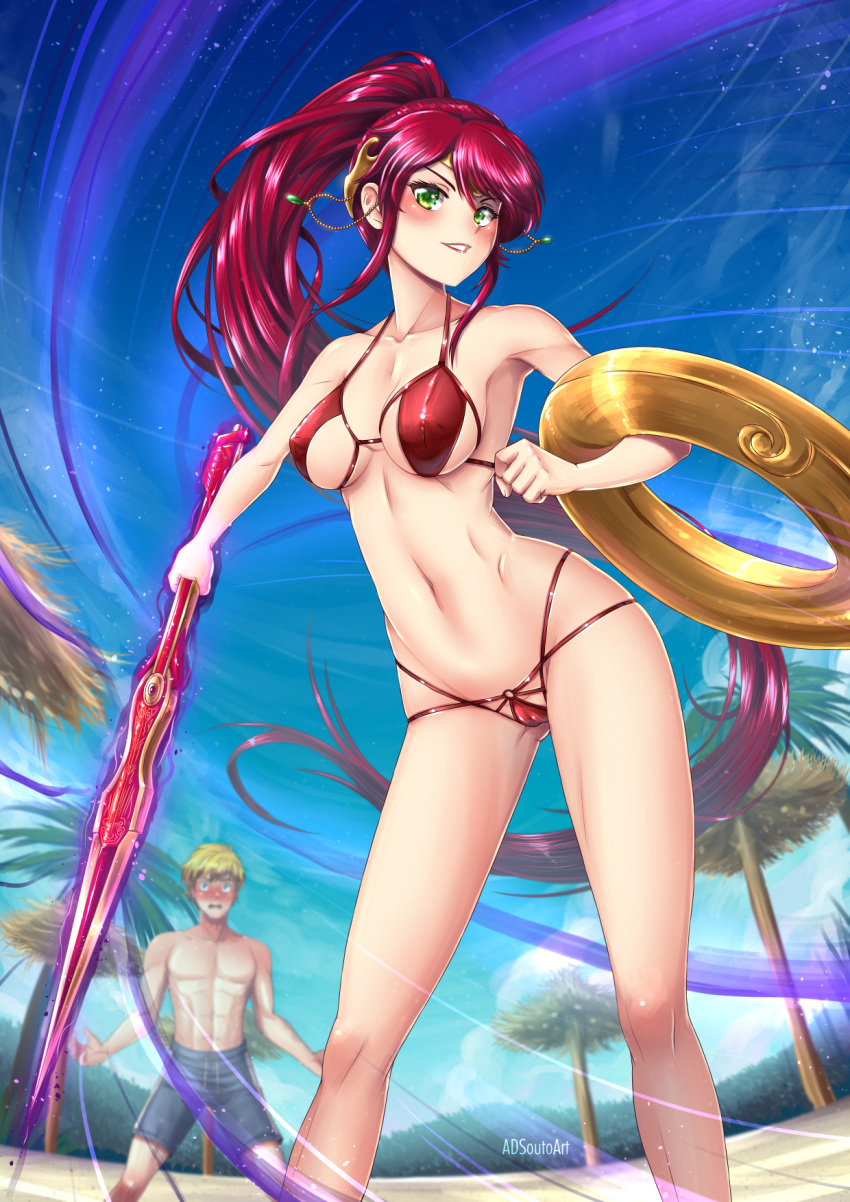 1girl adsouto artist_name ass_visible_through_thighs bangs bare_shoulders beach bikini blonde_hair blush breasts cameltoe covered_nipples day earrings floating_hair from_below green_eyes grin groin headpiece high_ponytail highres holding holding_sword holding_weapon jaune_arc jewelry long_hair milo_and_akouo navel outdoors palm_tree pyrrha_nikos red_bikini red_hair rwby sideboob smile solo_focus standing swept_bangs swimsuit sword tree very_long_hair weapon