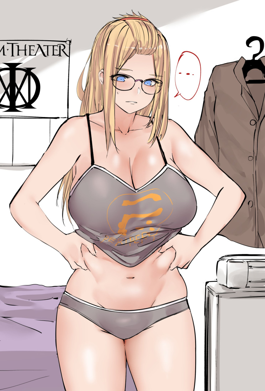 bangs_pinned_back bare_shoulders bed bed_sheet belly_grab bespectacled blonde_hair blue_eyes breasts brown_jacket cleavage collarbone commentary curvy dream_theater english_commentary glasses grey_tank_top hair_ornament hairclip hangar highres holding_stomach inne-sensei_(norman_maggot) jacket large_breasts long_hair love_handles midriff navel norman_maggot original parted_lips periphery_(band) pinching plump poster_(object) sidelocks solo spaghetti_strap sweatdrop tank_top underwear weight_conscious