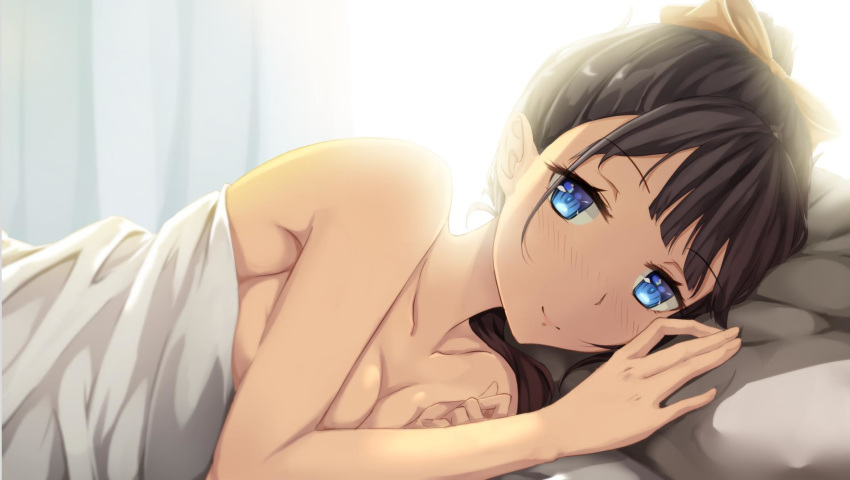 aria_hiyu backlighting bad_id bad_pixiv_id bangs bed bed_sheet black_hair bloom blue_eyes blunt_bangs blush bow breasts cleavage collarbone covering covering_breasts curtains hair_bow high_ponytail highres looking_at_viewer lying medium_breasts morning on_bed on_side original pillow ponytail smile solo sunlight topless under_covers upper_body
