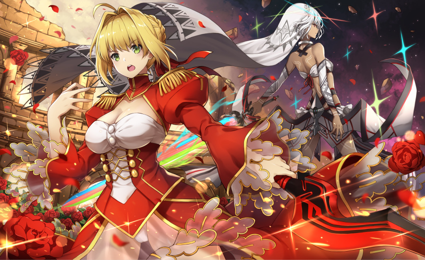:o aestus_estus ahoge altera_(fate) bandeau bangs bare_shoulders black_nails blonde_hair blurry braid breasts chinese_commentary cleavage closed_mouth cloud cloudy_sky collar collarbone column commentary dark_skin debris depth_of_field detached_sleeves diffraction_spikes dress epaulettes eyebrows_visible_through_hair fate/extella fate/extra fate_(series) field floating_hair flower flower_field french_braid full_body_tattoo green_eyes hair_between_eyes hair_bun hair_intakes hair_ribbon hand_up highres holding holding_sword holding_weapon juliet_sleeves kiyo_(chaoschyan) large_breasts legs_apart leotard long_sleeves looking_at_viewer looking_away miniskirt multiple_girls nail_polish nero_claudius_(fate) nero_claudius_(fate)_(all) night night_sky open_mouth outstretched_arm petals photon_ray pillar print_sleeves puffy_sleeves red_dress red_eyes red_flower red_ribbon red_rose ribbon rose rose_petals round_teeth ruins see-through serious shiny shiny_hair short_hair sidelocks skirt sky small_breasts standing sword tattoo teeth turtleneck v-shaped_eyebrows veil weapon white_bandeau white_hair white_leotard white_skirt wide_sleeves wind