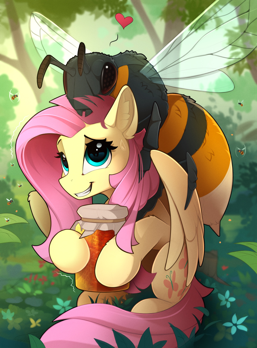 &lt;3 2018 ambiguous_gender arthropod cutie_mark digital_media_(artwork) duo equine feathered_wings feathers female feral fluttershy_(mlp) friendship_is_magic grin hair hi_res holding_object honey hornet insect insect_wings jar long_hair mammal my_little_pony nervous outside pegasus pink_hair smile stinger wasp wings yakovlev-vad