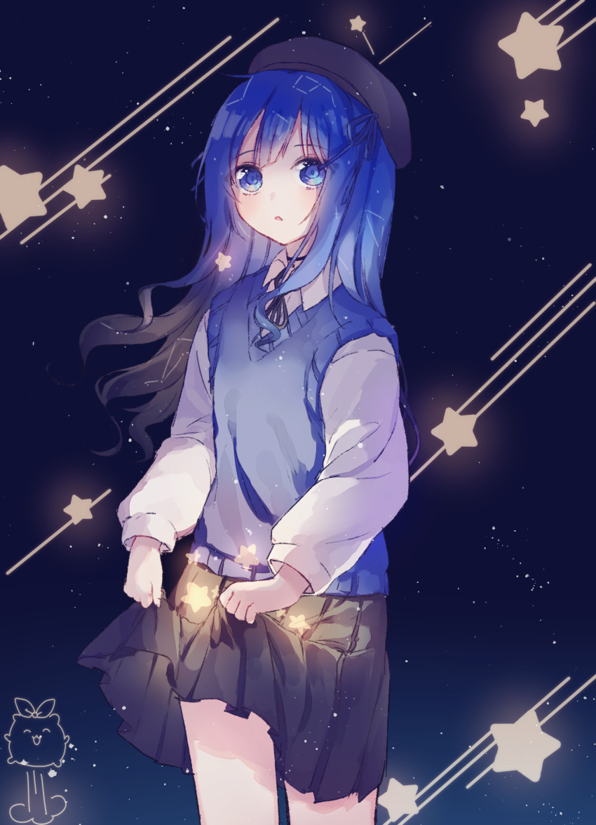 bangs beret black_hat black_skirt blue_eyes blue_hair blush collared_shirt commentary constellation cowboy_shot eyebrows_visible_through_hair hat highres long_hair long_sleeves night night_sky original parted_lips pleated_skirt poyo_(shwjdddms249) shirt signature skirt skirt_basket skirt_hold sky solo standing star star_(sky) starry_sky sweater_vest symbol_commentary very_long_hair white_shirt