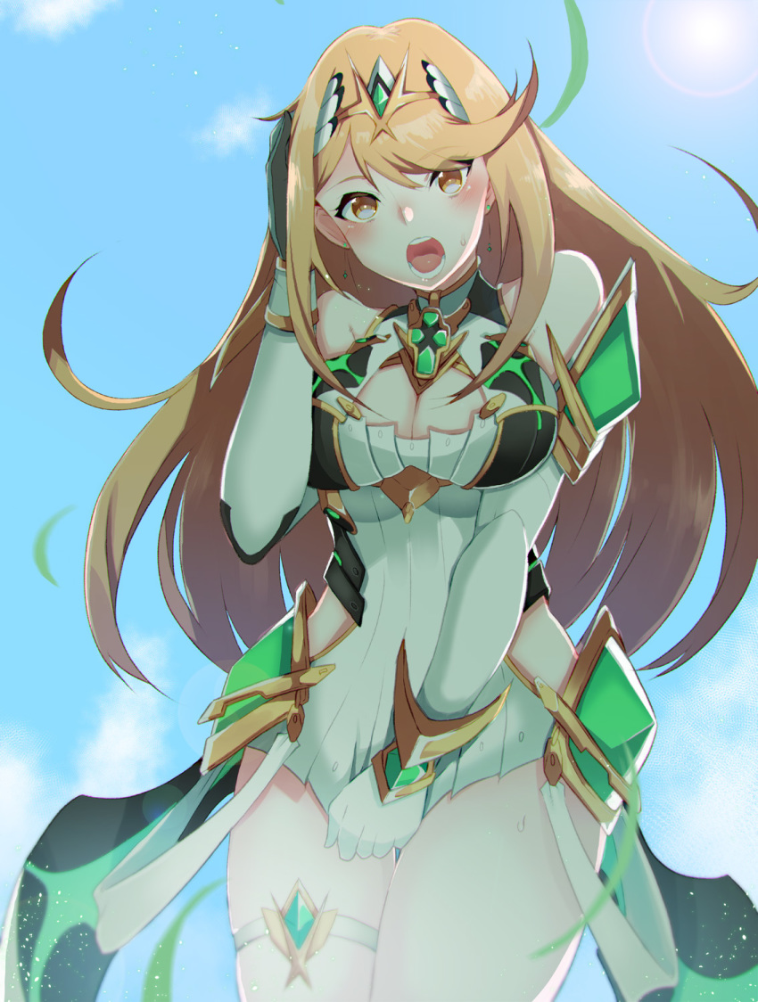 :o backlighting bangs bare_shoulders blonde_hair blush breasts brown_eyes cleavage cleavage_cutout commentary_request covering covering_crotch cowboy_shot dress dress_tug earrings elbow_gloves embarrassed eyebrows_visible_through_hair faulds gloves gold_trim hand_on_own_head hand_up headpiece highres hikari_(xenoblade_2) jewelry johnny_funamushi light_particles long_hair looking_at_viewer open_mouth shiny shiny_hair short_dress shoulder_armor sleeveless sleeveless_dress solo straight_hair sweat swept_bangs thigh_gap thigh_strap thighs underbust very_long_hair white_dress white_gloves wrist_guards xenoblade_(series) xenoblade_2