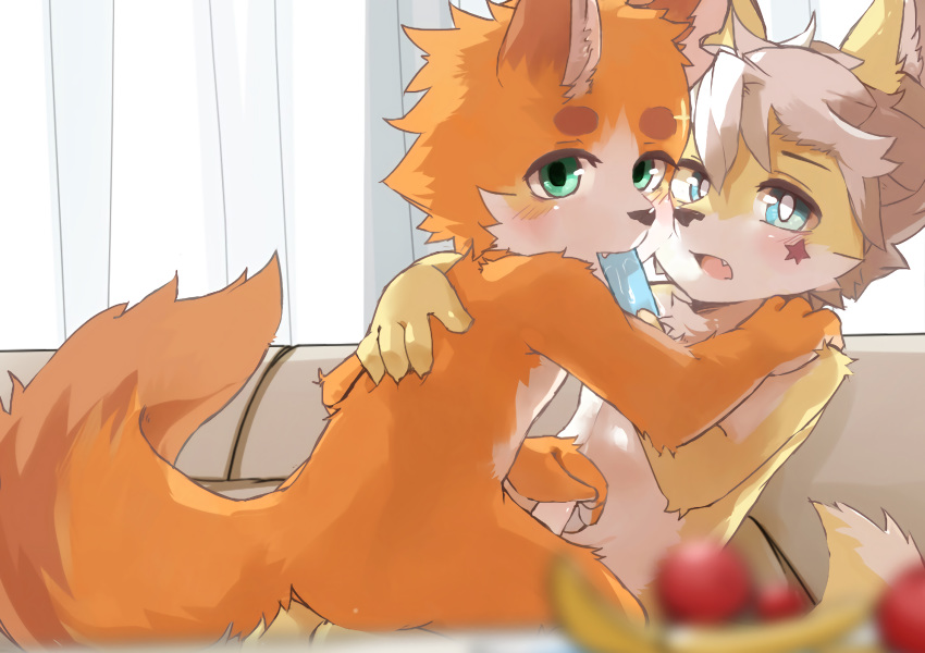anthro blue_eyes blush butt canine covering covering_self cub dog duo erection food fur green_eyes hi_res humanoid_penis male male/male mammal nekowuwu nude orange_fur penis popsicle white_fur yellow_fur young