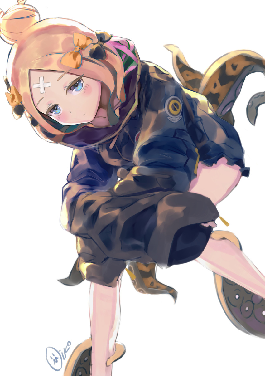 abigail_williams_(fate/grand_order) absurdres alternate_hairstyle bandaid_on_forehead bangs belt black_bow black_jacket blonde_hair blue_eyes blush bow commentary_request fate/grand_order fate_(series) forehead hair_bow hair_bun heroic_spirit_traveling_outfit high_collar highres jacket legs long_hair looking_at_viewer orange_bow parted_bangs polka_dot polka_dot_bow simple_background sitting sleeves_past_fingers sleeves_past_wrists solo tentacles thighs white_background yonago_miko