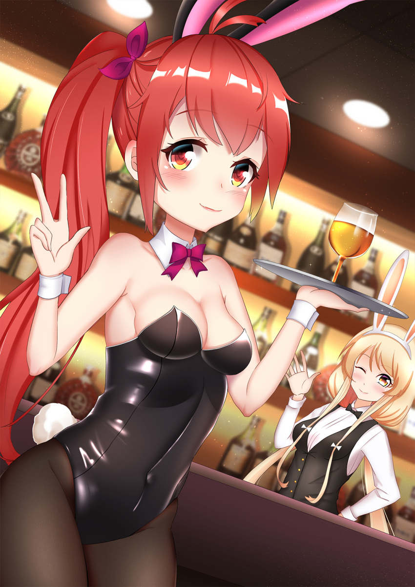 ;) alcohol animal_ears azur_lane bailey_(azur_lane) bangs bare_shoulders benson_(azur_lane) black_legwear black_vest blonde_hair blurry blurry_background blush breasts brown_eyes bunny_ears bunny_girl bunny_tail bunnysuit ceiling_light cleavage closed_mouth collarbone commentary_request covered_navel cup depth_of_field detached_collar detached_sleeves drink drinking_glass eyebrows_visible_through_hair fang fang_out hand_on_hip hand_up heart heart-shaped_pupils highres holding holding_tray indoors leng_xiao leotard long_hair long_sleeves low_twintails medium_breasts multiple_girls one_eye_closed pantyhose red_eyes red_hair shirt side_ponytail smile strapless strapless_leotard symbol-shaped_pupils tail tray twintails very_long_hair vest white_collar white_shirt wine_glass wrist_cuffs
